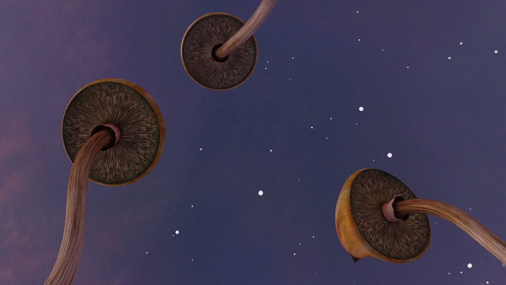 cartoon mushrooms against the sky